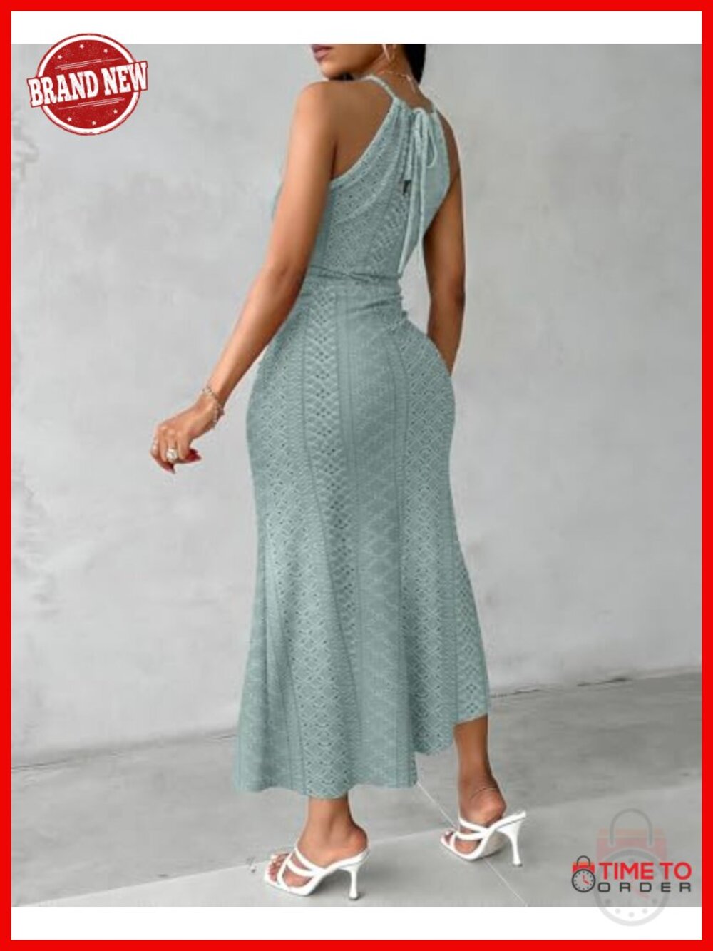 CHICME Summer Halter Ruched Bodycon Maxi Dress Eyelet Embroidery - Picture 2 of 6